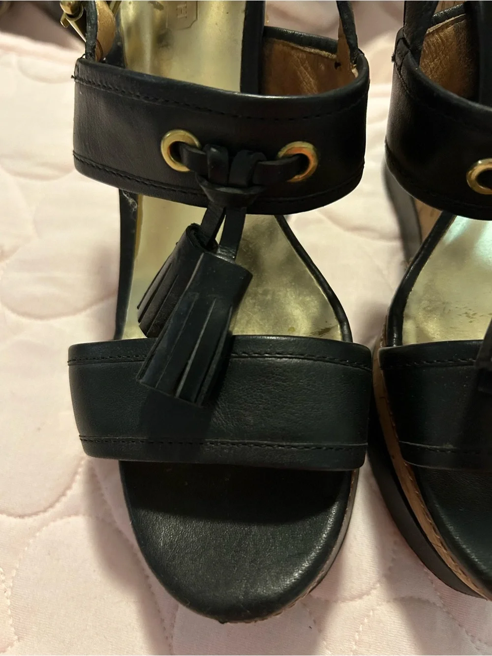 Coach Black Leather Tassel Platform Sandals with Gold Accents